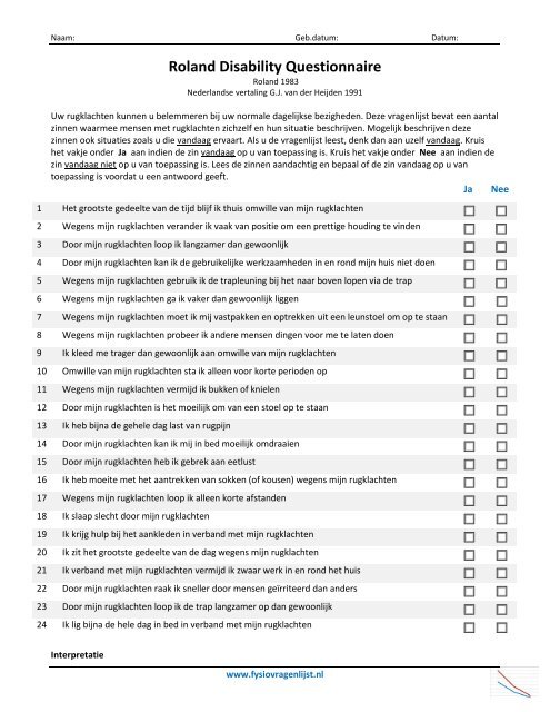 Roland Morris Disability Questionnaire (RMDQ) - Fysiovragenlijst