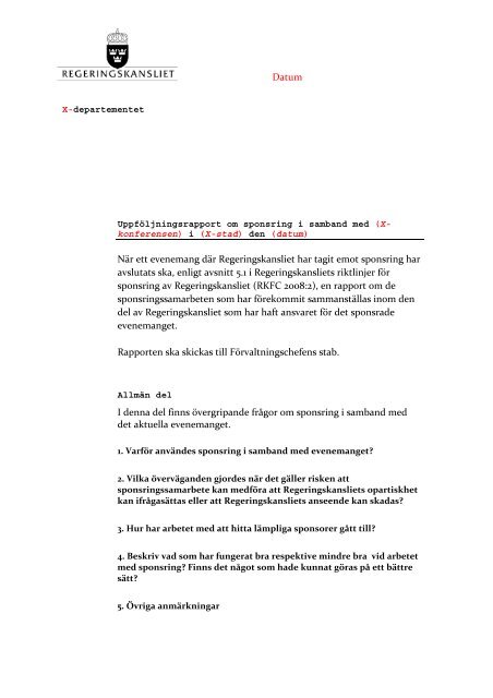 Mall For Uppfoljningsrapport For Sponsring E Delegationen