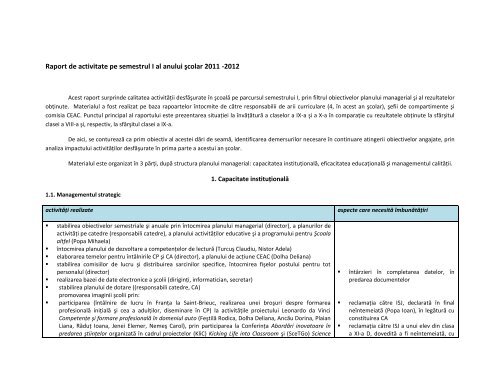 pharmacy Hummingbird Enlighten Raport de activitate pe semestrul I al anului şcolar 2011 -2012