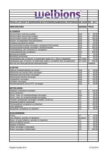 PRIJSLIJST DOOR TE BEREKENEN ... - Welbions