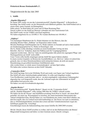 Tätigkeitsbericht für das Jahr 2005 - Förderkreis Bremer Denkmalschiff