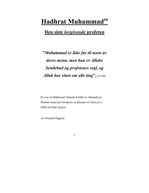 Muhammad - Siste lovgivende profet - Ahmadiyya Muslim Jama'at