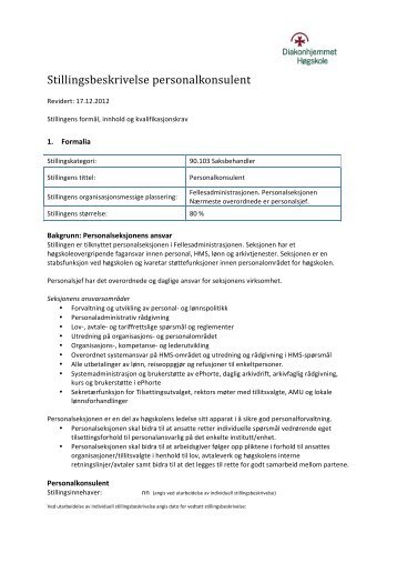 Stillingsbeskrivelse personalkonsulent - Diakonhjemmet