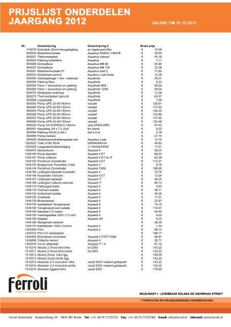 Nr. Omschrijving Omschrijving 2 Bruto prijs 415078 ... - Ferroli