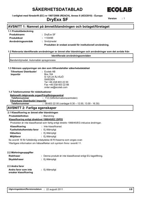 SÄKERHETSDATABLAD DryExx SF - Ecolab