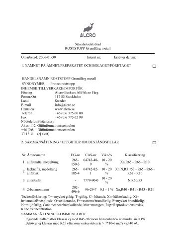 Säkerhetsdatablad ROSTSTOPP Grundfärg metall Omarbetad: 2006 ...