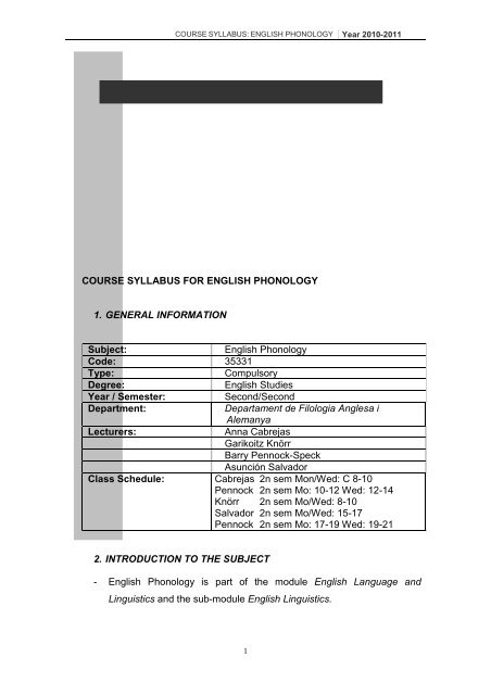 COURSE SYLLABUS FOR ENGLISH PHONOLOGY Code
