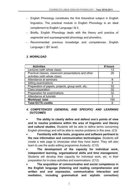 COURSE SYLLABUS FOR ENGLISH PHONOLOGY Code