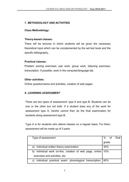 COURSE SYLLABUS FOR ENGLISH PHONOLOGY Code