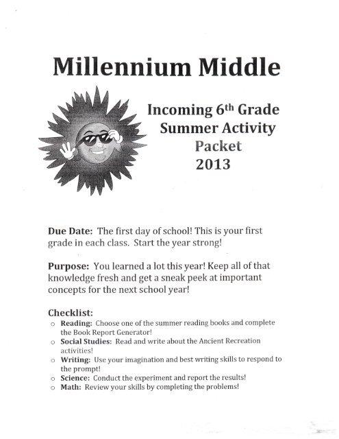 Incoming 6th Grade Summer Packet - Millennium Middle School