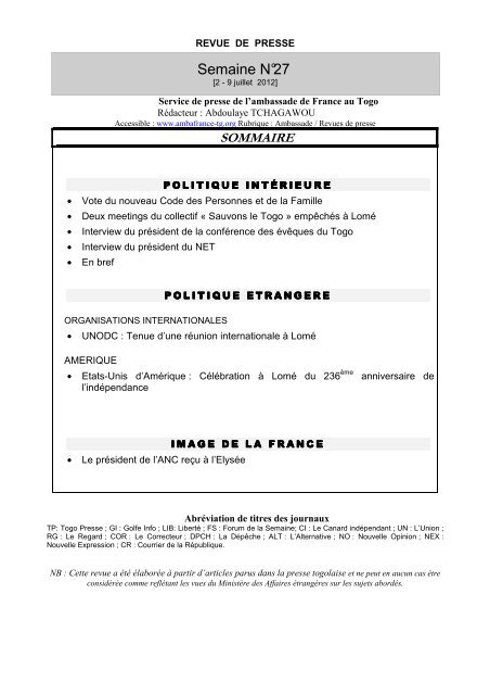 Revue de presse du 2 au 9 juillet 2012 - Ambassade de France