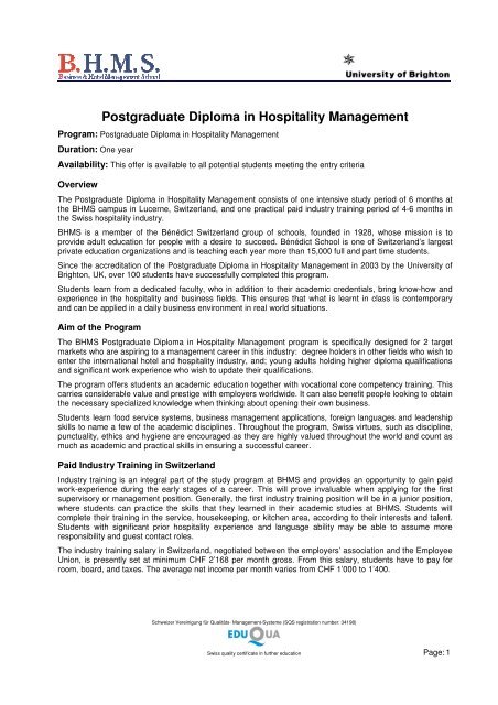 Postgraduate Diploma in Hospitality Management - BHMS