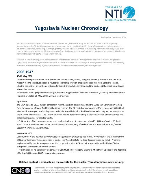 Yugoslavia Nuclear Chronology - Nuclear Threat Initiative