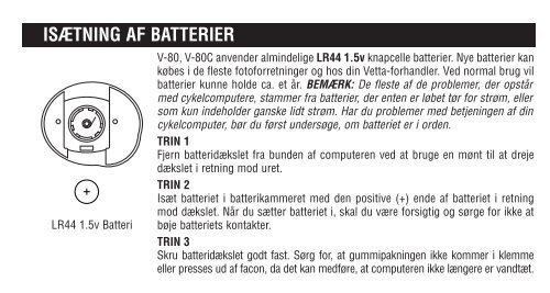 BRUGSANVISNING TIL CYKEL COMPUTER DANSK - Vetta