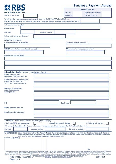 Sending a payment abroad form (PDF, 76KB) - RBS International