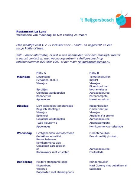 Weekmenu 't Reijgersbosch