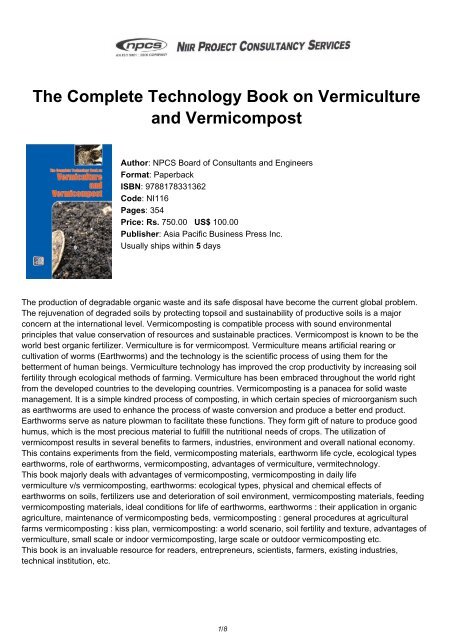 The Complete Technology Book On Vermiculture And Niir Org