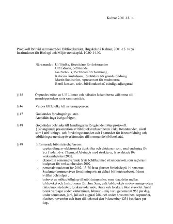 Kalmar 2001-12-14 Protokoll fört vid sammanträde i Biblioteksrådet ...