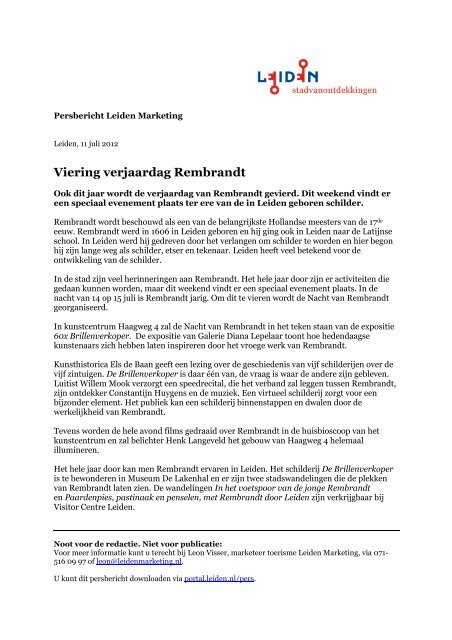 Persbericht Viering verjaardag Rembrandt - Leiden