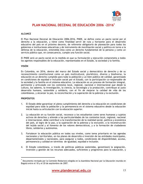 compendio general - Plan Nacional Decenal de Educación 2006-2016