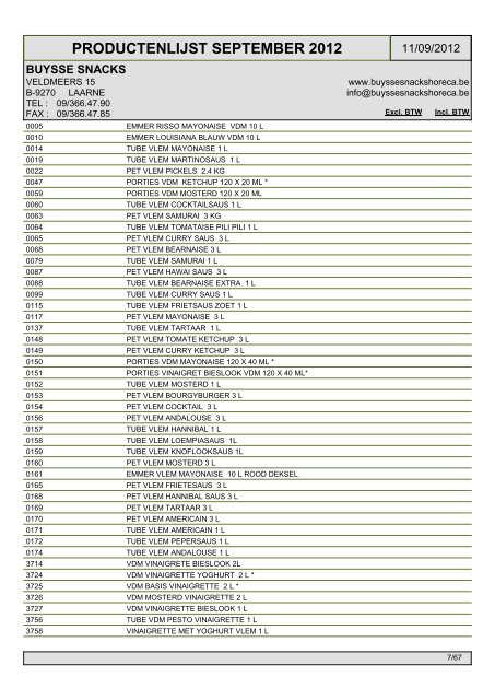 PRODUCTENLIJST SEPTEMBER 2012 - horeca | frituur | groothandel