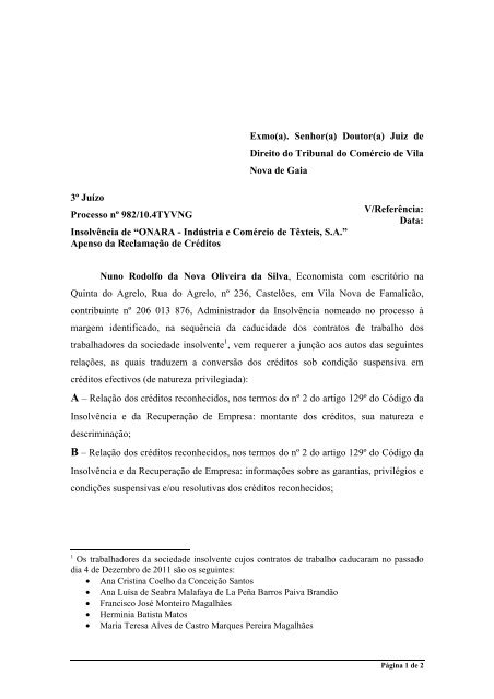 Insolvência de "ONARA - Indústria e Comércio de Têxteis, SA"