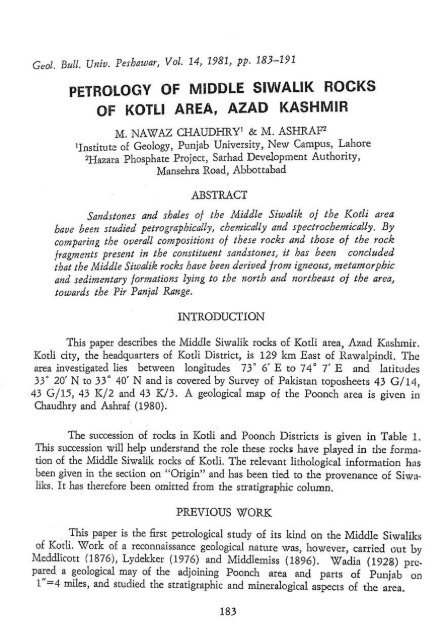 Petrology Of Middle Siwalik Rocks Of Kotli Area, Azad Kashmir