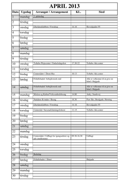 PLANLÆGNINGSKALENDER Følgende deltager ... - Toftebo-Centret