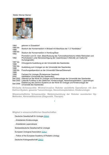 Lebenslauf von Prof. Dr. Stefan Siemer deutsche DaVinci® Zentrum