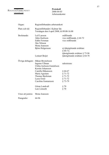 Protokoll Regionförbundets arbetsutskott 2008-04-03