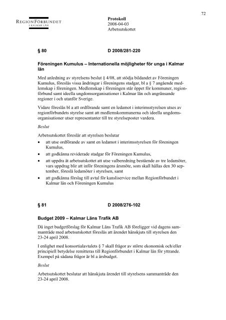 Protokoll Regionförbundets arbetsutskott 2008-04-03
