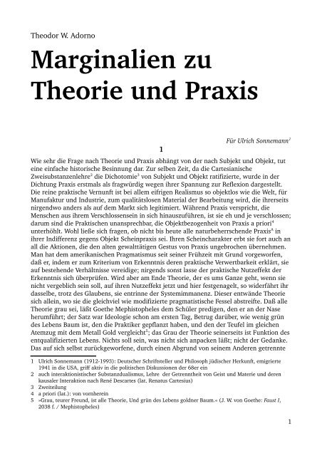 Theodor W. Adorno – Marginalien zu Theorie und Praxis - e*camp