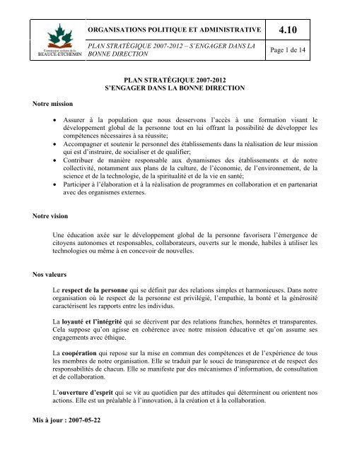 Le plan stratégique 2007-2012 - Commission scolaire de la Beauce ...