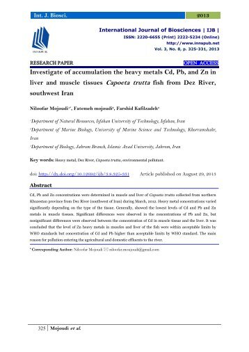 Investigate of accumulation the heavy metals Cd, Pb, and Zn in  liver  and  muscle  tissues  Capoeta  trutta  fish  from  Dez  River,  southwest Iran