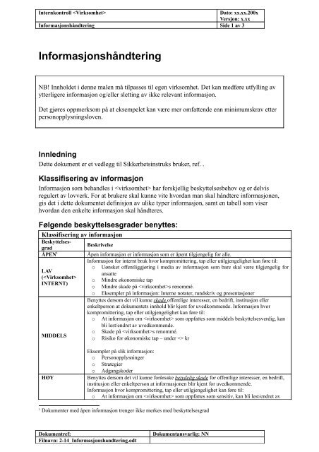 Informasjonshåndtering ved xxxx - Datatilsynet