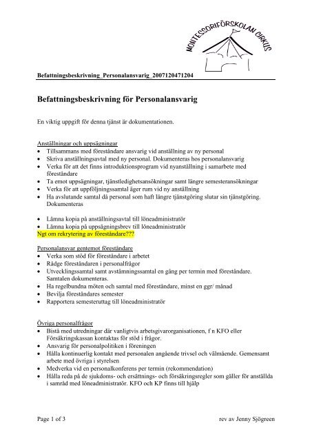 Personalansvarig befattningsbeskrivning - Montessoriförskolan Cirkus