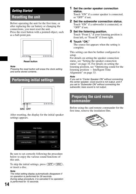 Sony XAV-W1 Car Radio OWNER'S MANUAL Operating Instructions ...