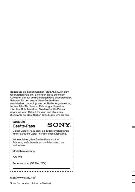 Sony XAV-W1 Car Radio OWNER'S MANUAL Operating Instructions ...