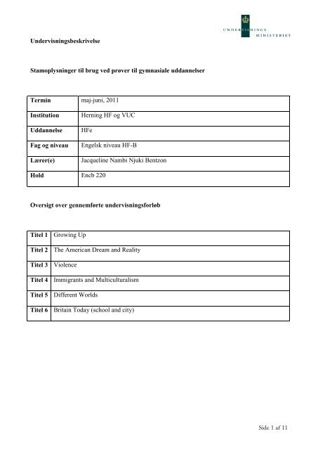 Side 1 af 11 Undervisningsbeskrivelse Stamoplysninger til brug ved ...