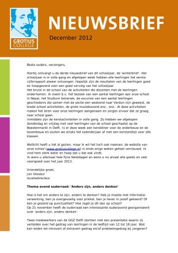 Nieuwsbrief december voor ouder(s) - Grotius College