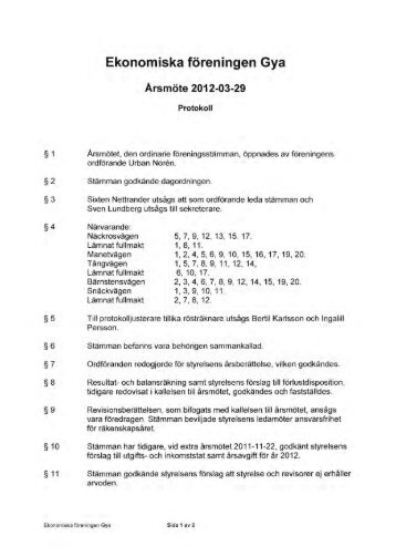 Ekonomiska föreningen Gya Årsmote 2012-03-29