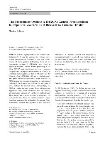 The Monoamine Oxidase A (MAOA) Genetic Predisposition to ...