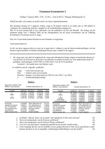 Voorbeeld Examen Econometrie 2 - Vsae