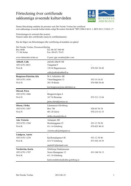 Förteckning över certifierade sakkunniga avseende ... - DNV