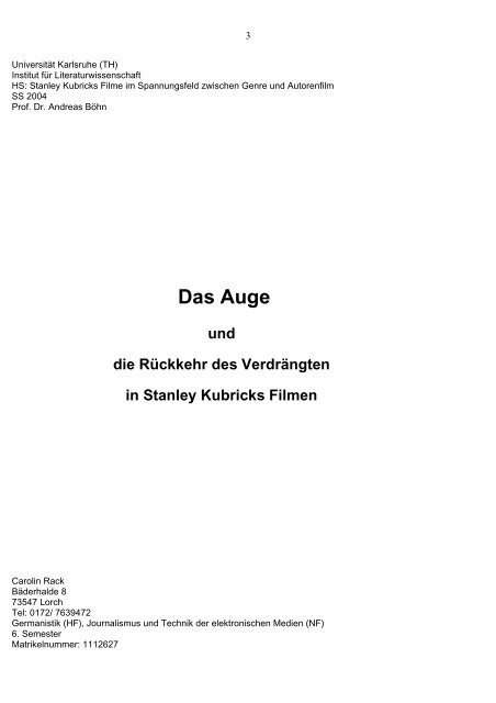 Das Auge und die Rückkehr des Verdrängten in Stanley Kubricks ...