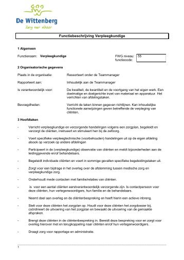 Functiebeschrijving Verpleegkundige - Zorgcentrum de Wittenberg