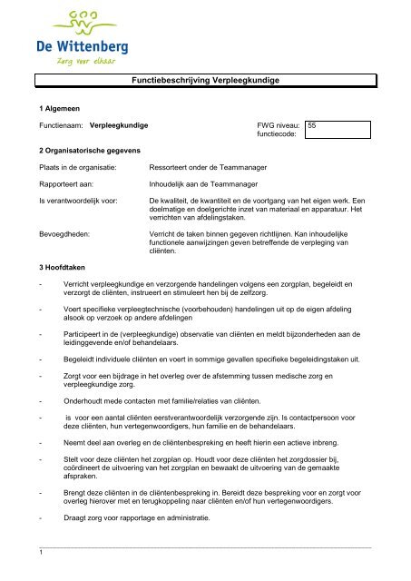 Functiebeschrijving Verpleegkundige - Zorgcentrum de Wittenberg