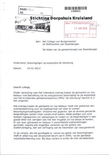 Stichting Dorpshuis Kruisland. Betreft: bezuinigingen 1300431.