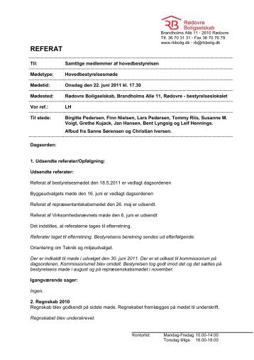 Referat af mødet den 22. juni 2011 - Rødovre Boligselskab