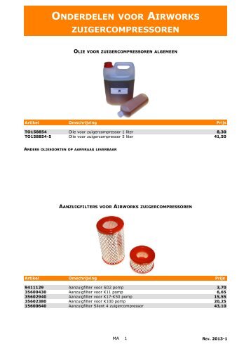ONDERDELEN VOOR AIRWORKS ZUIGERCOMPRESSOREN
